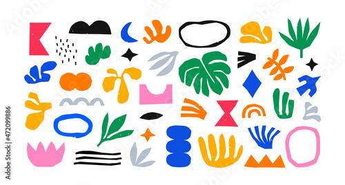 Colorful organic shape doodle collection. Funny basic shapes, random childish doodle cutouts of tropical leaf, hand and decorative abstract art on isolated background.