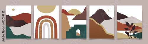 Set of abstract mountain landscape banner collection. Trendy flat collage art style backgrounds of natural vintage travel scenery. Nature environment, coast, hills, desert dune.