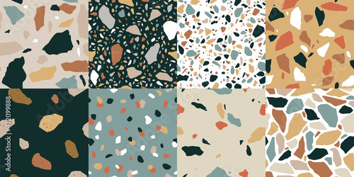 Terrazzo seamless pattern collection in diverse marble stone styles with abstract mosaic rock shapes. Modern terrazo minimalist art background set ideal for print, fashion or trendy design project.