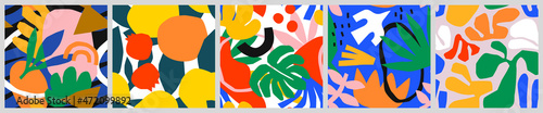 Abstract tropical nature seamless pattern set with colorful freehand doodles. Modern flat cartoon background collection, simple random cutout shapes in bright trendy colors. 