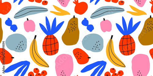 Funny tropical fruit drawing seamless pattern cartoon in colorful childish doodle style.