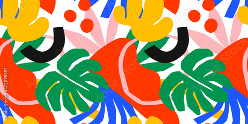 Abstract tropical nature seamless pattern with colorful freehand doodles. Modern flat cartoon background, simple random cutout shapes in bright trendy colors. 
