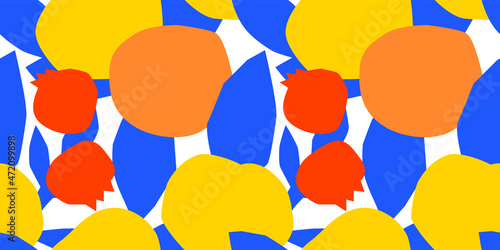 Retro summer fruit leaf cartoon seamless pattern. Trendy colorful food background design. Exotic season product decoration. Lemon, orange, and pomegranate fruits.