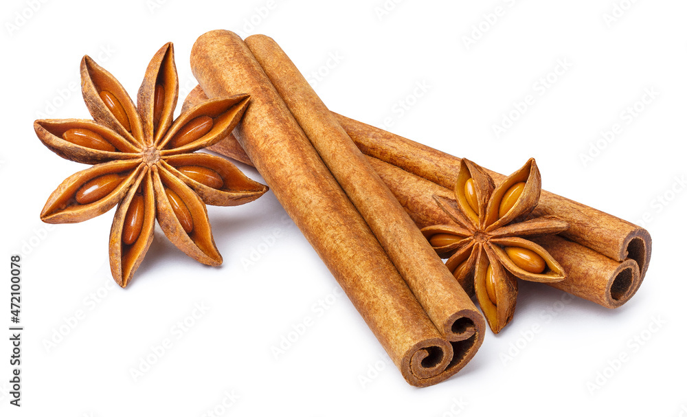 Delicious cinnamon and star anise, isolated on white Delicious cinnamon and star anise, isolated on white