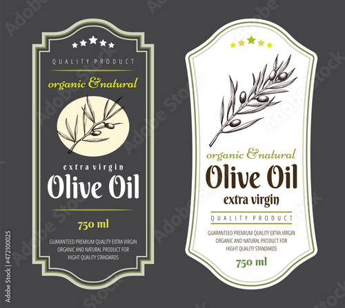 Label elements for olive oil. Elegant dark and light sticker for premium olive oil packaging. Vector brand illustration