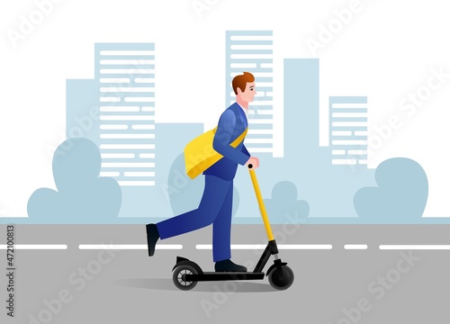 A man on a scooter in a suit rides around the city