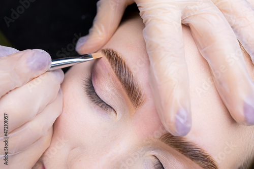 close-up of beautiful laminated eyebrows after coloring and correction, the master applies a brush and a toning cream