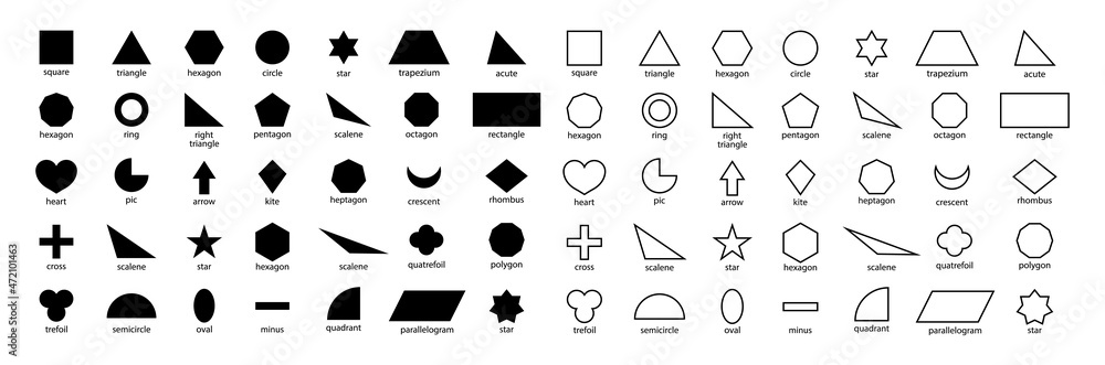 Large color vector set basic shapes. Kids flat geometric figures school  collection. Isolated design pictogram. Simple shape. Circle, triangle,  square, trapezium, parallelogram, rhombus, superellipse. Stock Vector