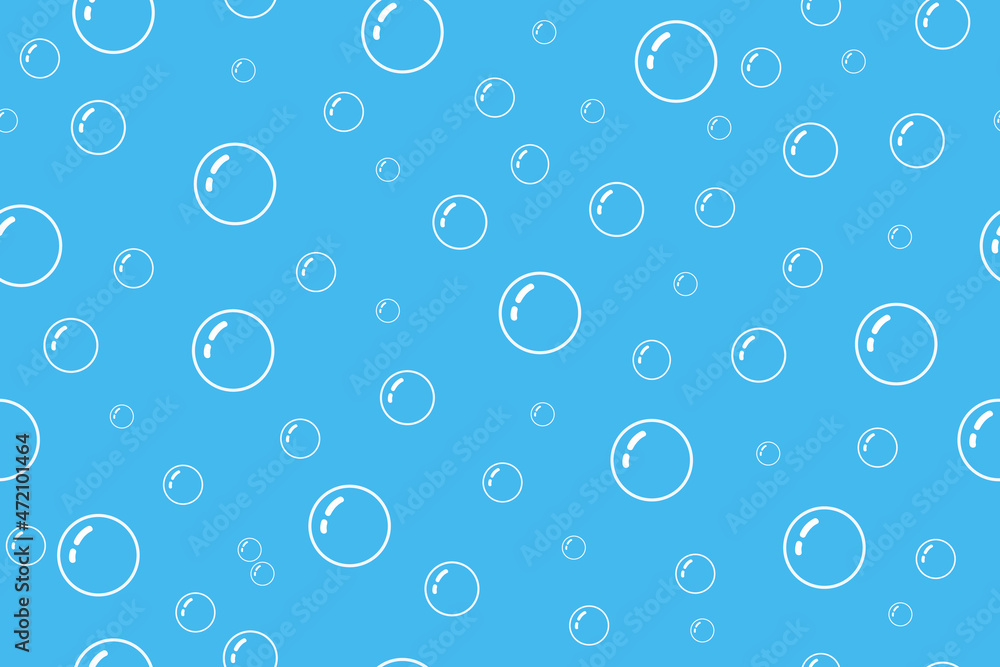 Bubble pattern background. Water and soap bubble seamless pattern. White blue texture. Illustration for clean, shampoo and bathroom. Abstract repeat bubbles on blue background. Vector