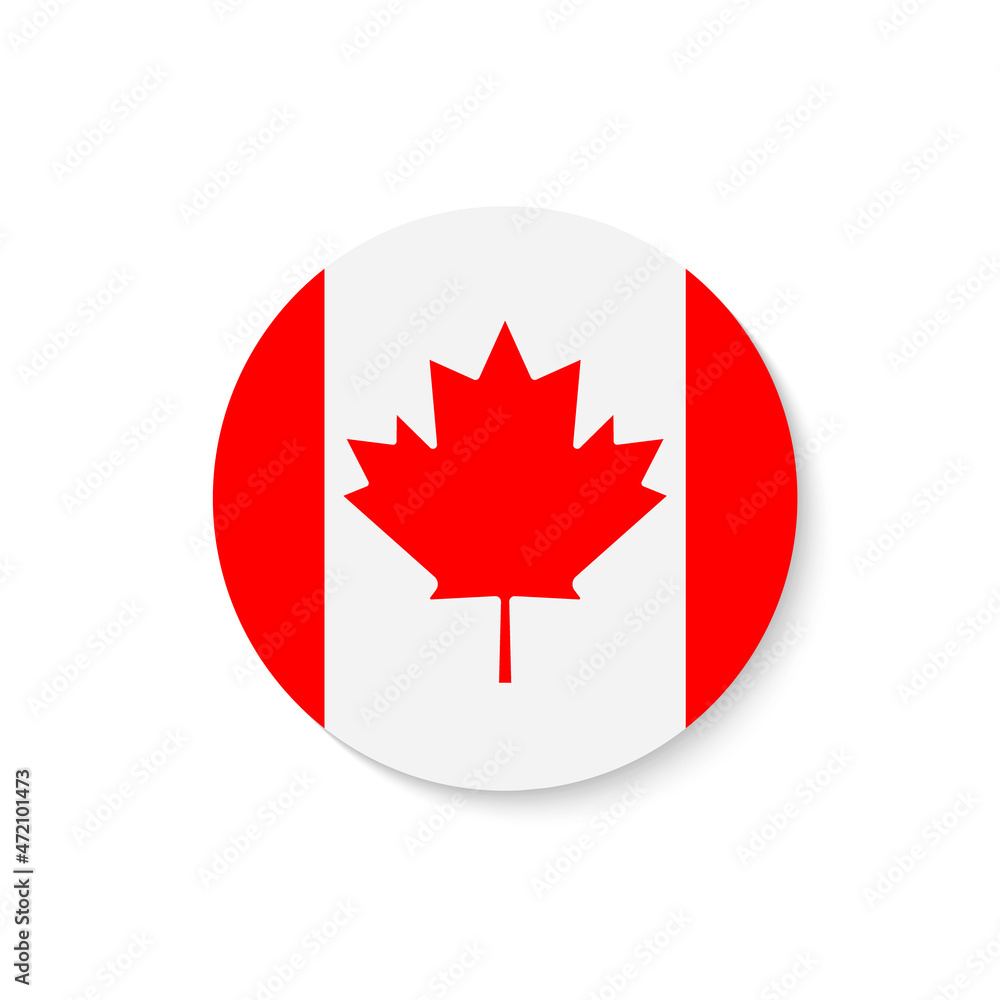 Canada flag. Circle flag of canada. Round canadian icon with shadow isolated on white background. Official symbol with red maple leaf. Banner for north america country. Vector Canada flag. Circle flag of canada. Round canadian icon with shadow isolated on white background. Official symbol with red maple leaf. Banner for north america country. Vector