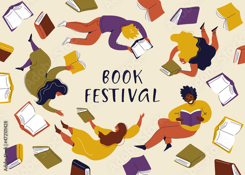 Banner for book festival. Open books and flying people. Vector minimalist background. Design template for a library, education theme. A person is reading a book.