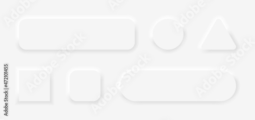 Neumorph button. 3d circle, square, triangle neumorph button with shadow. Badge for ui isolated on white background. Icon for modern web design. Technology elements for website interface, ux. Vector