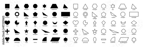 Geometric shape. Basic outline figure for education and toy of kids. Basic geometric shapes in line style such as: triangle, square, circle, trapezium, heart, rhombus, polygon and rectangle. Vector