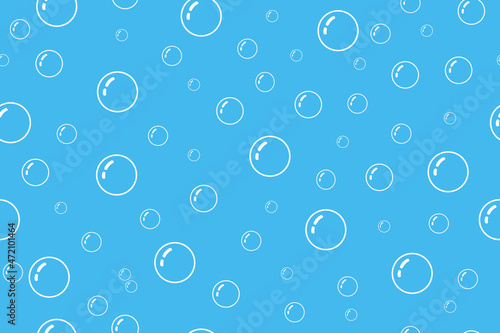 Bubble pattern background. Water and soap bubble seamless pattern. White blue texture. Illustration for clean, shampoo and bathroom. Abstract repeat bubbles on blue background. Vector