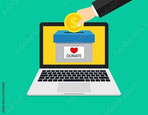 Online donate in computer. Hand holding dollar coin for charity in laptop screen. Online internet fundraising for donation. Give money in moneybox for charity. Vector