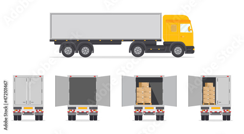 Truck for delivery. Lorry with back and side view. Open or closed back door. Box inside van for commercial order. Mockup of truck with parcel for service of delivery. Fast move of cargo. Vector
