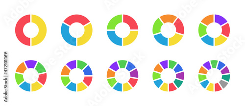 Pie chart. Graphic icon of wheel for cycle process. Piece of pie chart for progress, statistics and analysis. Circle graph with section from 1 to 11. 6, 5, 3 infographic part in round diagram. Vector