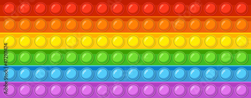 Poppit seamless texture. Colorful game of popit. Silicone fidget toy. Antistress pattern with bubble for push. Rainbow trendy game. Illustration of poppit children hand. Vector