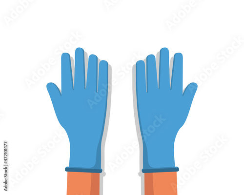 Hand of doctor in blue latex glove. Surgical rubber glove for protection from covid. Disposable medical plastic gloves for safety in hospital. Arm of surgeon or lab worker. Symbol of health. Vector