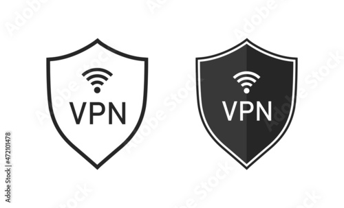 Vpn icon. Shield with vpn icon. Safe for wifi and server. Logo for protect of private network. Set of line symbol of connection. Sign of web protection, encryption, authentication. Vector