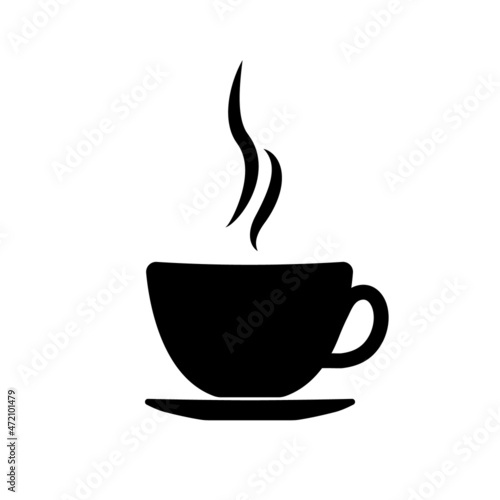 Coffee cup. Icon of mug of hot coffee or tea with steam. Black pictogram for cafe. Symbol of espresso, caffeine, latte and mocha. Logo for restaurant and shop. Aroma drink. Vector