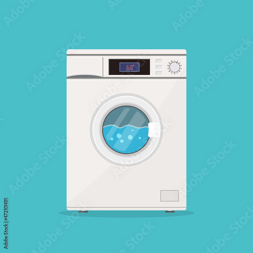 laundry. Icon of wash machine. Close washer. Wash machine with drum, window, door, button and item panel. Washingmachine with detergent in laundering process. Home equipment in front. Vector