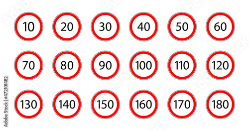 Speed limit sign for car. Set of road sign with restriction of speed of 50, 60, 90, 20, 80, 120, 130, 70, 30, 100, 40, 10, 110, 140, 160, 180 km. Icon for traffic on city or highway. Vector