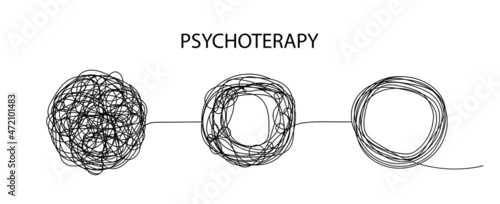 Psychotherapy concept. Untangle mind. Logo of chaos, tangle and change with help of coach. Transformation of brain. Evolution of mind after psychologist. Abstract doodle symbol. Vector
