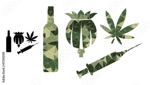Camouflage low-poly collage addiction drugs icon. Low-poly addiction drugs pictogram is designed of scattered camouflage filled triangle parts.