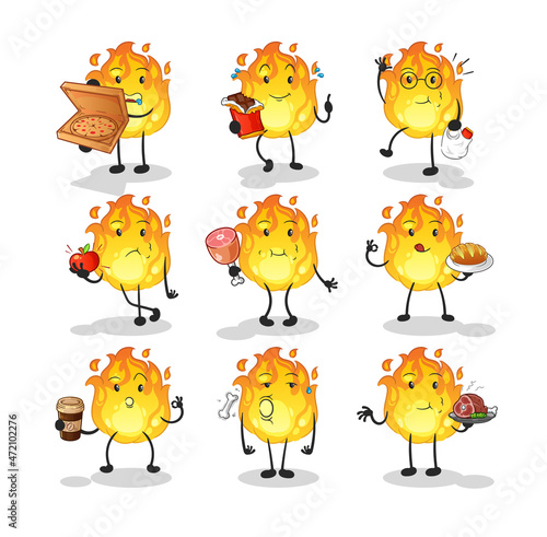 fire food set character. cartoon mascot vector