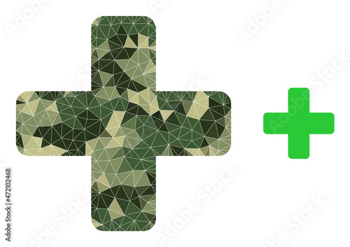Camouflage low-poly mosaic green cross icon. Low-poly green cross pictogram is constructed from random camo colored triangle parts. Vector green cross icon designed in camouflage military style.