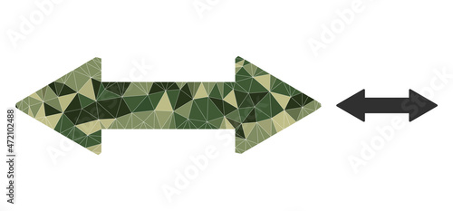 Camouflage low-poly collage horizontal exchange arrow icon. Low-poly horizontal exchange arrow icon combined of chaotic khaki colored triangle parts.