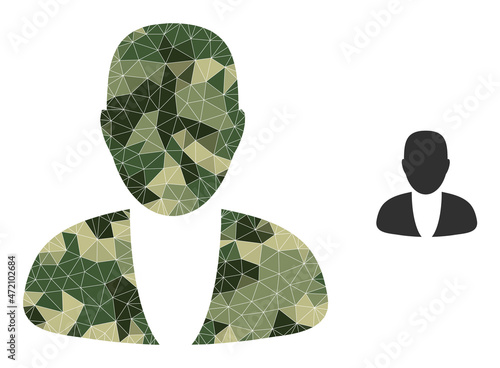 Camouflage low-poly mosaic guy person icon. Lowpoly guy person icon is designed with scattered camouflage colored triangles. Vector guy person icon designed in camouflage military style.