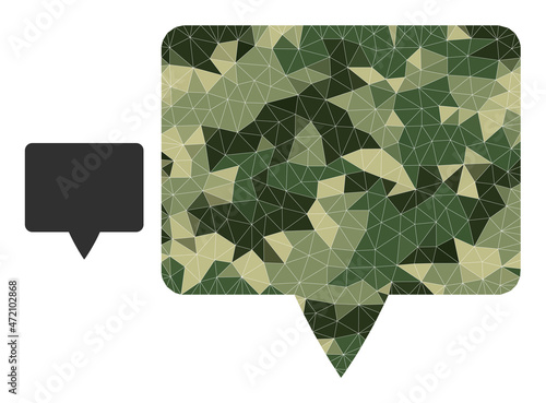 Camouflage lowpoly mosaic banner icon. Lowpoly banner pictogram is designed of random khaki color triangles. Vector banner pictogram designed in camouflage army style.