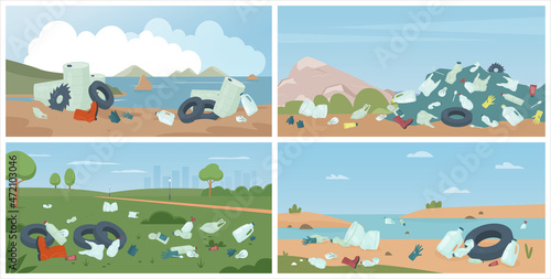 Beach with garbage trash, dirty nature environment set vector illustration. Cartoon polluted scenery of summer city park, river ocean or sea coast with plastic waste pollution problem background