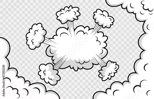 Comic background with speed clouds. Funny smoke shapes in pop art style. Cartoon bomb explosion. Retro frame with balloons and wind. Sky air banner. Speech bubble element. Vector illustration.