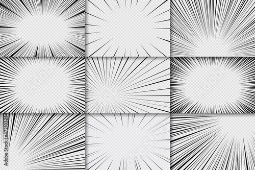 Manga frames with speed flash lines. Comic anime radial effect. Set of splash blast zooms. Superhero banners with burst rays. Crash bang backgrounds. Explosion bomb templates. Vector illustration