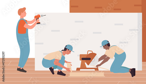 House repair building work vector illustration. Cartoon professional worker holding, laying floor parquet tile, working with miter saw and drill, handyman characters with construction tools background