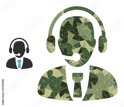 Camouflage triangle collage call center operator icon. Lowpoly call center operator icon designed with random camo color triangle parts. Vector call center operator icon designed in khaki army style.