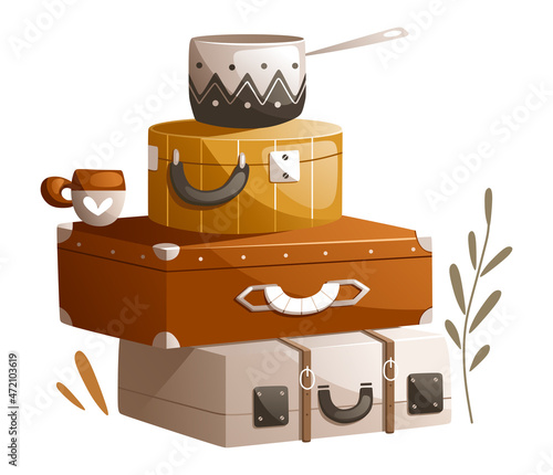 Illustration of travel accessories. Suitcases, mug, saucepan.