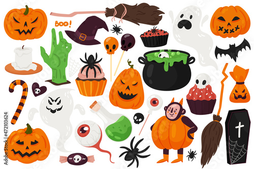 Halloween scary set vector illustration. Cartoon spooky Halloween characters collection with pumpkin jack o lantern, black spider, horror ghost, witch broom and creepy zombie hand isolated on white