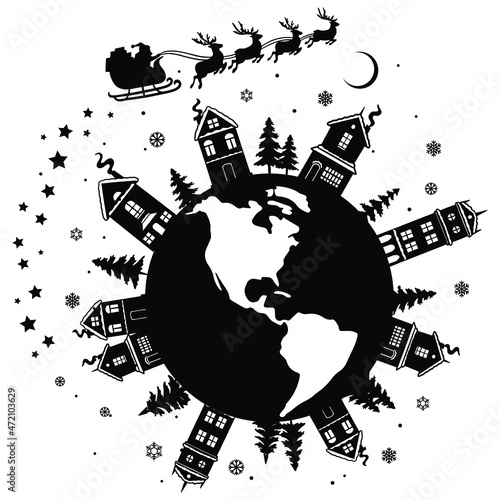Christmas Scene Svg,Christmas Village vector clipart,Santa Sleigh,Christmas Santa,Cutting Files,Santa's Reindeer,Merry Christmas,Reindeer.Santa is flying around world planet.Paper cut