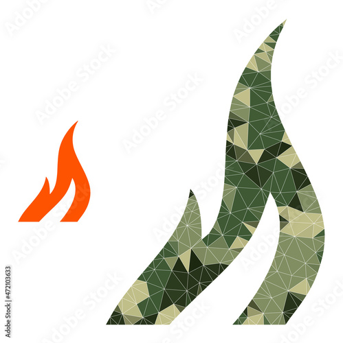 Camouflage low-poly collage fire icon. Low-poly fire pictogram designed of chaotic camouflage color triangle parts. Vector fire pictogram in camouflage military style.