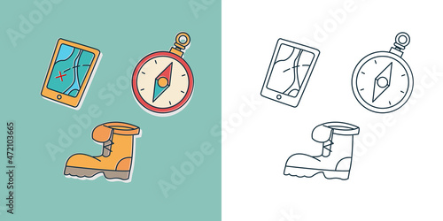 Navigator and compass, map and boots. Camping logo. Travel and trips symbol. Hiking element for print. Sticker, doodle pin, patch.