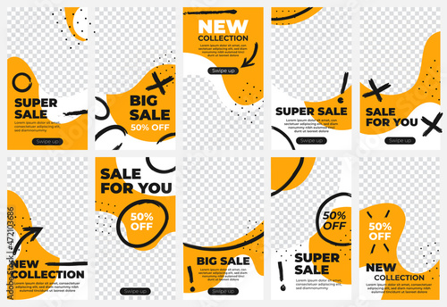 Big sale banner design template set vector illustration. Curved frame for social media story, orange fluid waves and black marker lines in creative modern mockup for fashion stories, coupon, poster