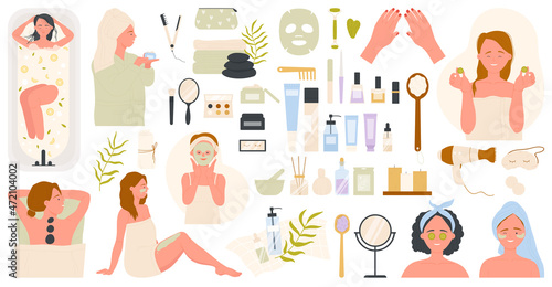 Cosmetic beauty procedure for skin care set vector illustration. Cartoon skincare hygiene routine for face and body collection, spa products in packages isolated on white. Cosmetology concept