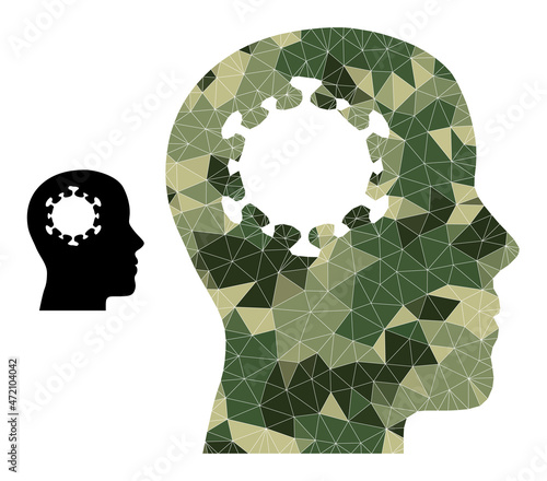 Camouflage low-poly mosaic brain infection icon. Lowpoly brain infection pictogram designed from random camouflage color triangle parts. Vector brain infection pictogram designed in camo army style.