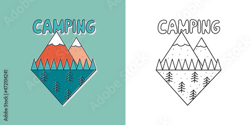 Mountain and forest. Camping logo. Travel and trips symbol. Hiking element for print. Sticker, doodle pin, patch.