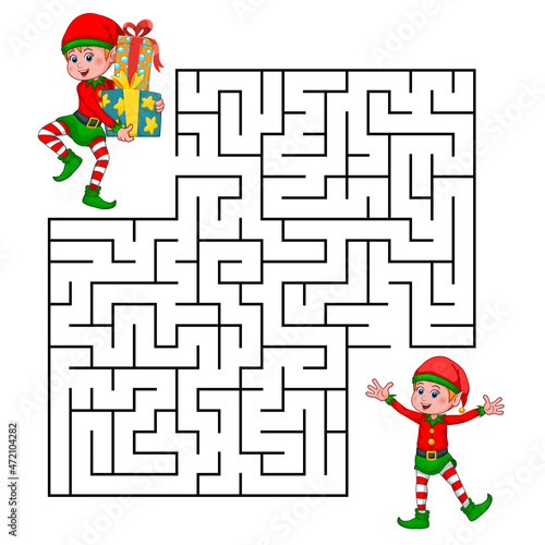 Square maze for kids with cartoon Christmas Elf. Find right way to the gnome. Entry and exit. Puzzle Game with answer. Learning Labyrinth conundrum for kids. Education worksheet. Activity page.