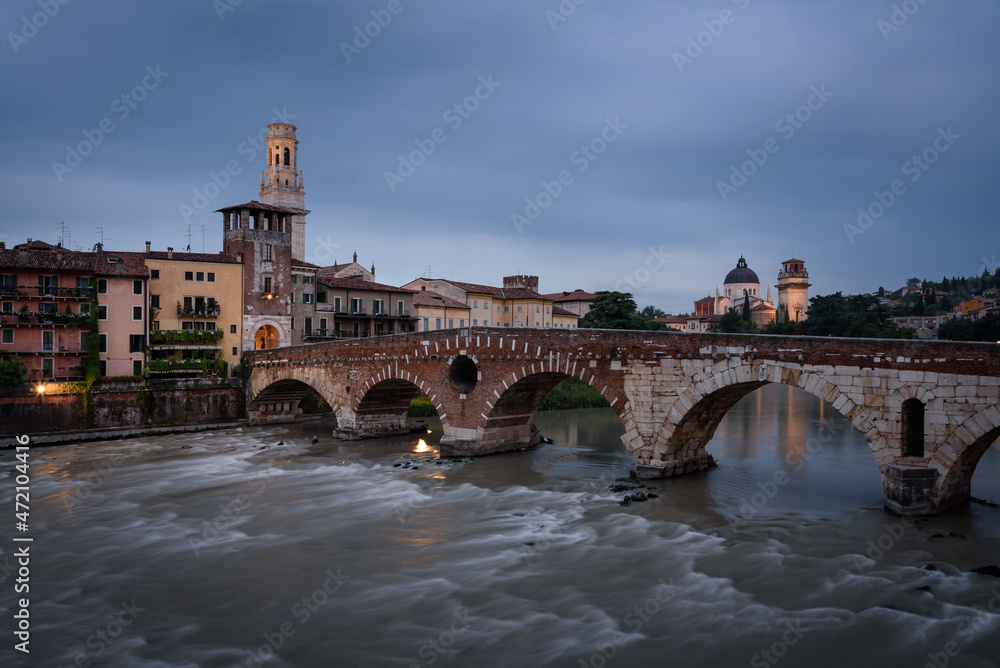 The famous Stone Bridge (Ponte di Piettra) over Adige river in Verona old town at sunrise, Verona, Veneto Region, Italy